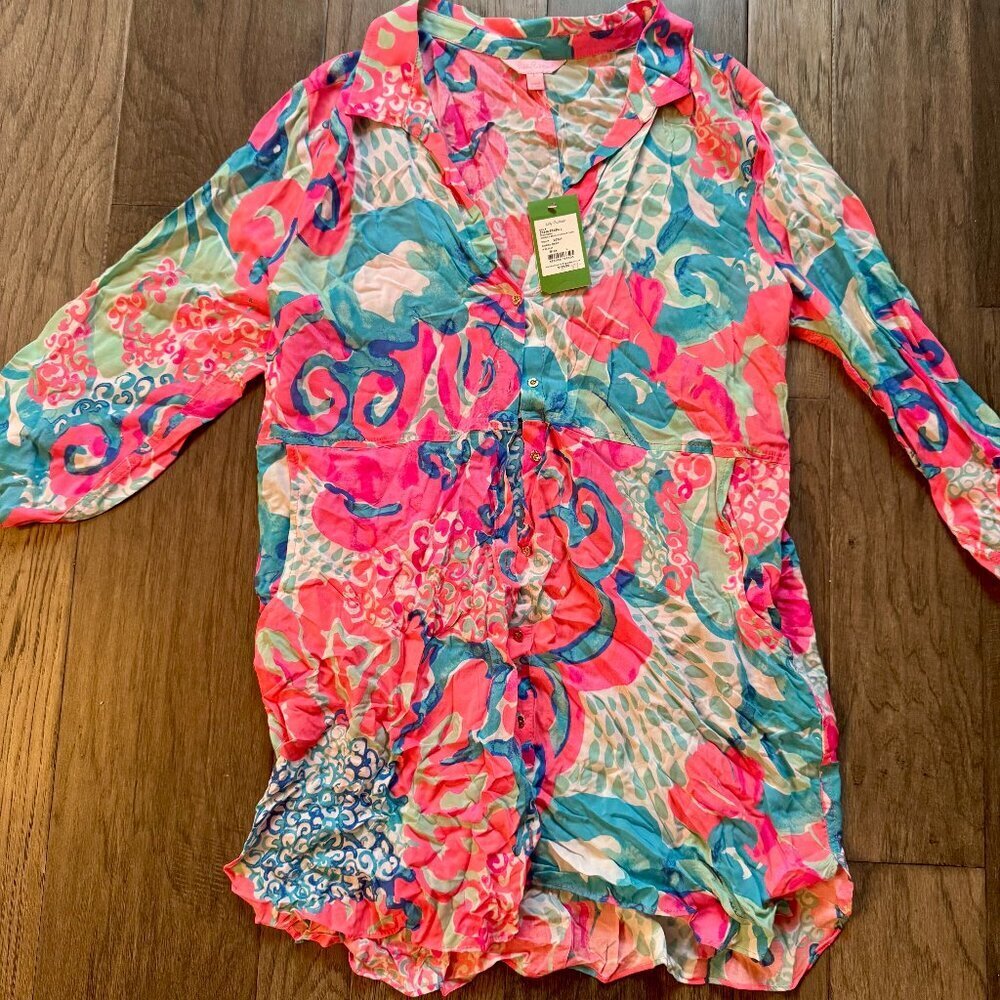 Lilly Pulitzer Emerald Beach Coverup Tunic Large Coral Reef Im so Jelly NWT